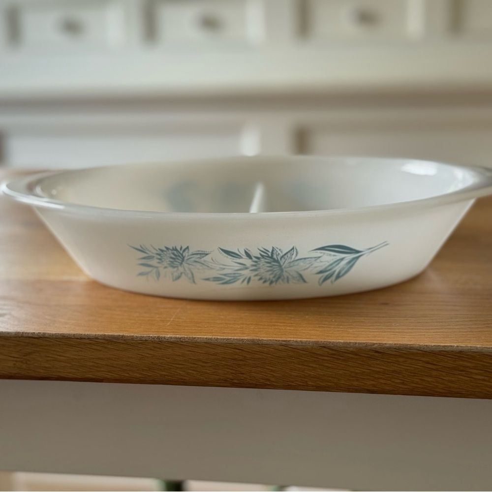 Glasbake Blue Thistle Divided Milk Glass Dish